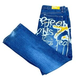 PePe London Men’s 36x31Bootcut Jeans with White and Yellow Graffiti Design